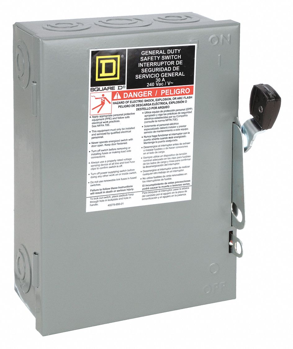 Safety Switch: Fusible, 30 A, Single Phase, 240V AC, Galvanized Steel, Indoor