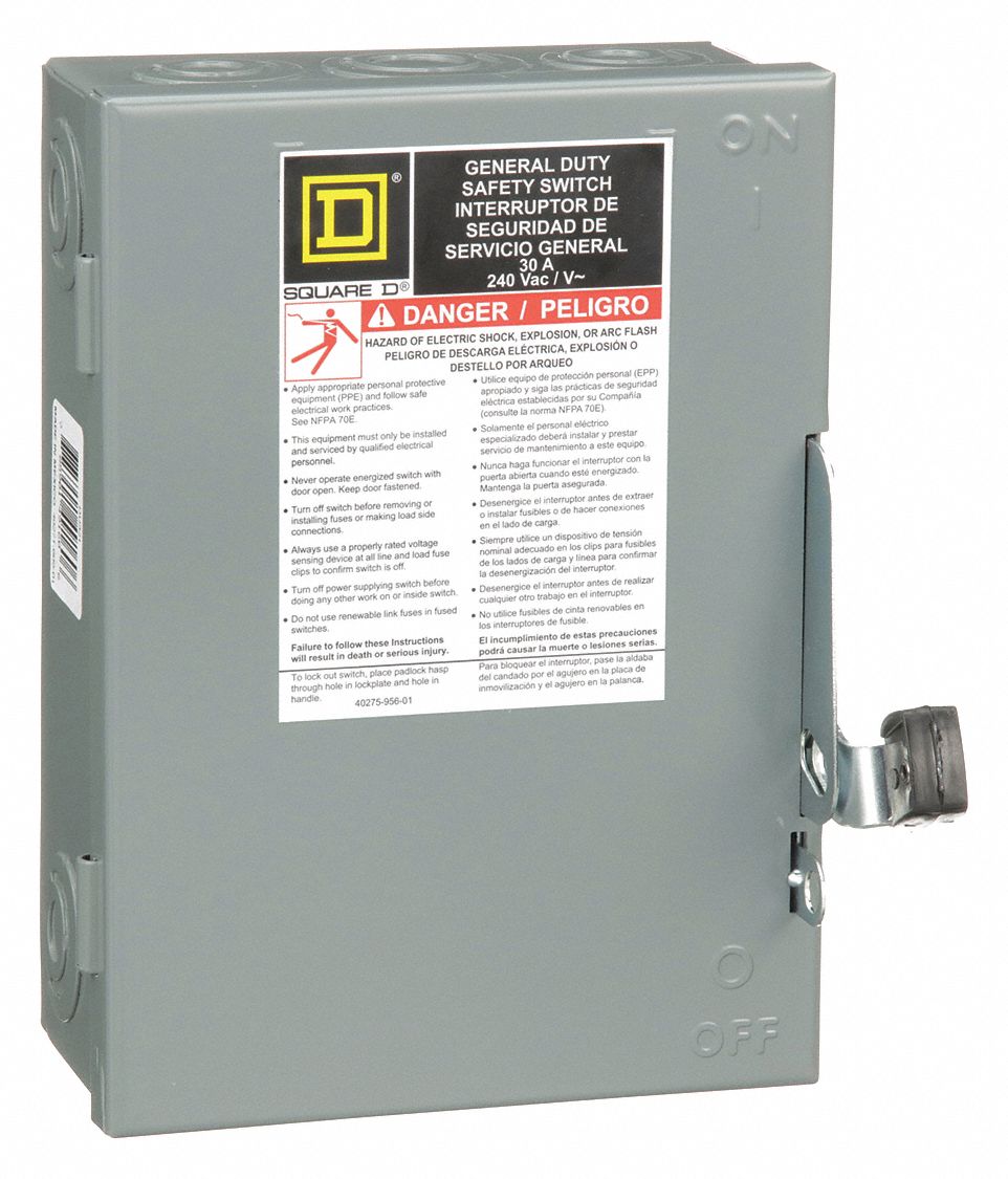 SQUARE D, 30 A Amps AC, 71/2 HP 240 V AC, Safety Switch 1H260