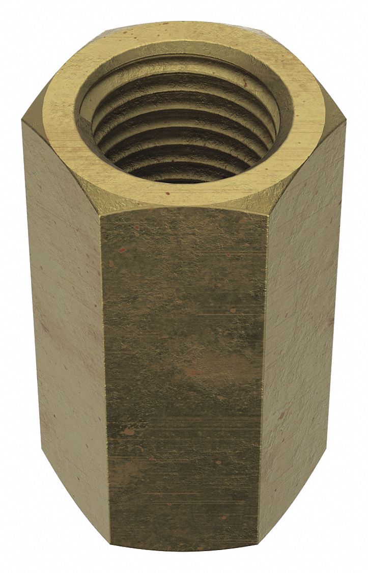Coupling Nut: Zinc-Plated, Grade 5, Steel, 1 1/4"-7 Thread, 1 5/8 in Hex Wd, 3 in Lg, 2 PK