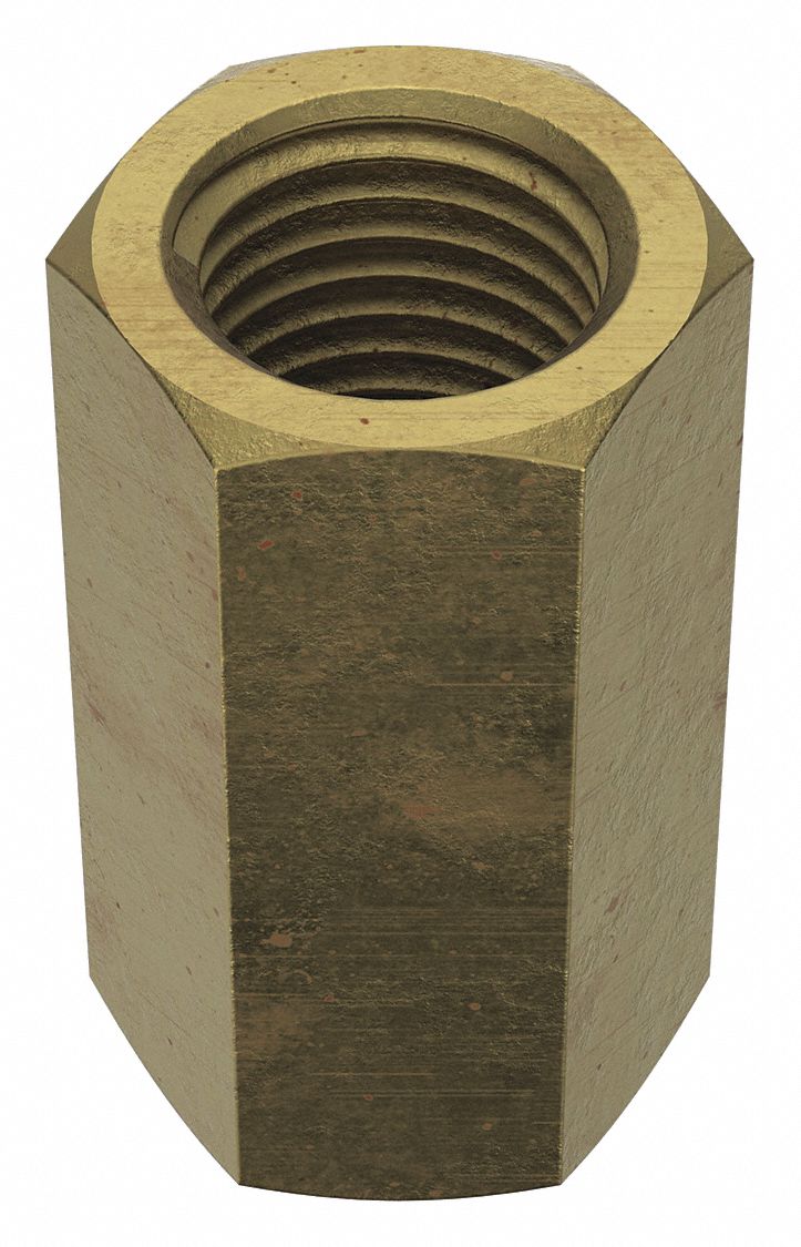 Coupling Nut: Zinc-Plated, Grade 2, Steel, 1 1/4"-7 Thread, 1 5/8 in Hex Wd, 3 in Lg, 2 PK