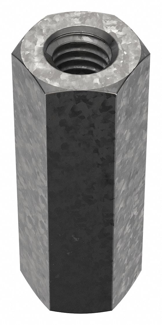Coupling Nut: Hot-Dipped Galvanized, Grade 2, Steel, 3/8"-16 Thread, 5/8 in Hex Wd, 5 PK