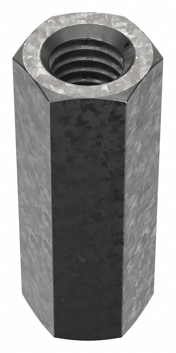 Coupling Nut: Hot-Dipped Galvanized, Grade 2, Steel, 7/16"-14 Thread, 5/8 in Hex Wd, 5 PK