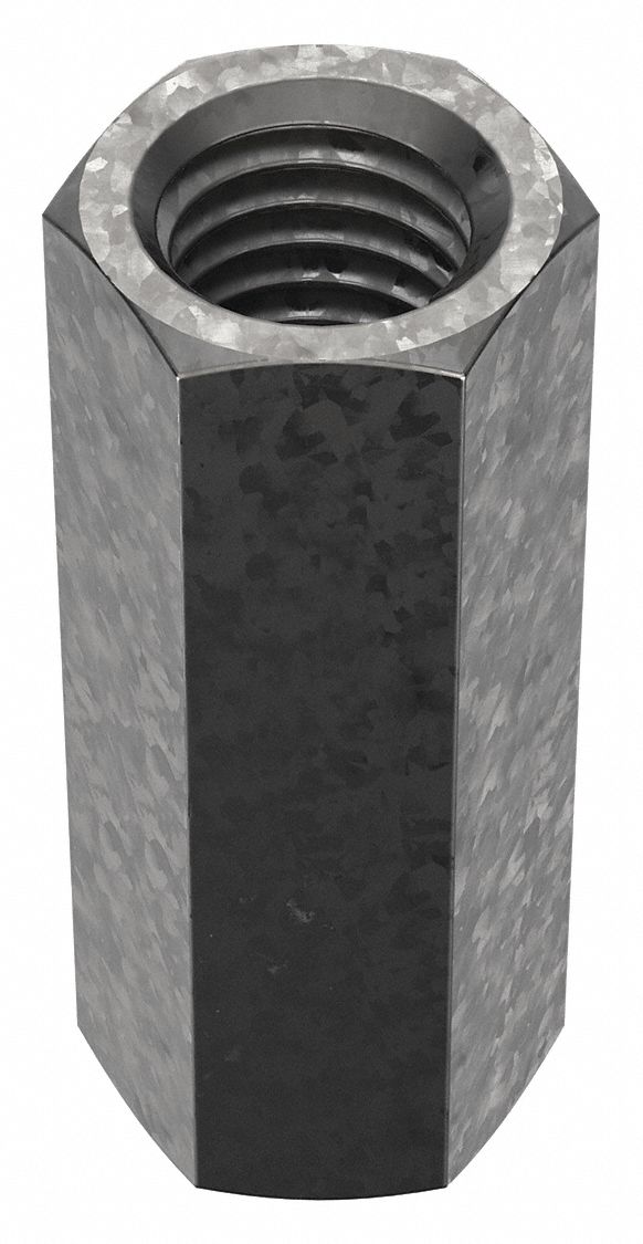 Coupling Nut: Hot-Dipped Galvanized, Grade 2, Steel, 5/8"-11 Thread, 13/16 in Hex Wd, 5 PK