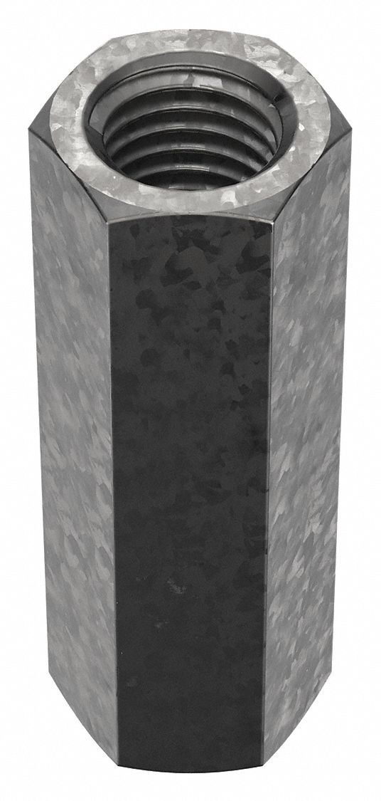 Coupling Nut: Hot-Dipped Galvanized, Grade 2, Steel, 3/4"-10 Thread, 1 in Hex Wd, 3 in Lg, 2 PK