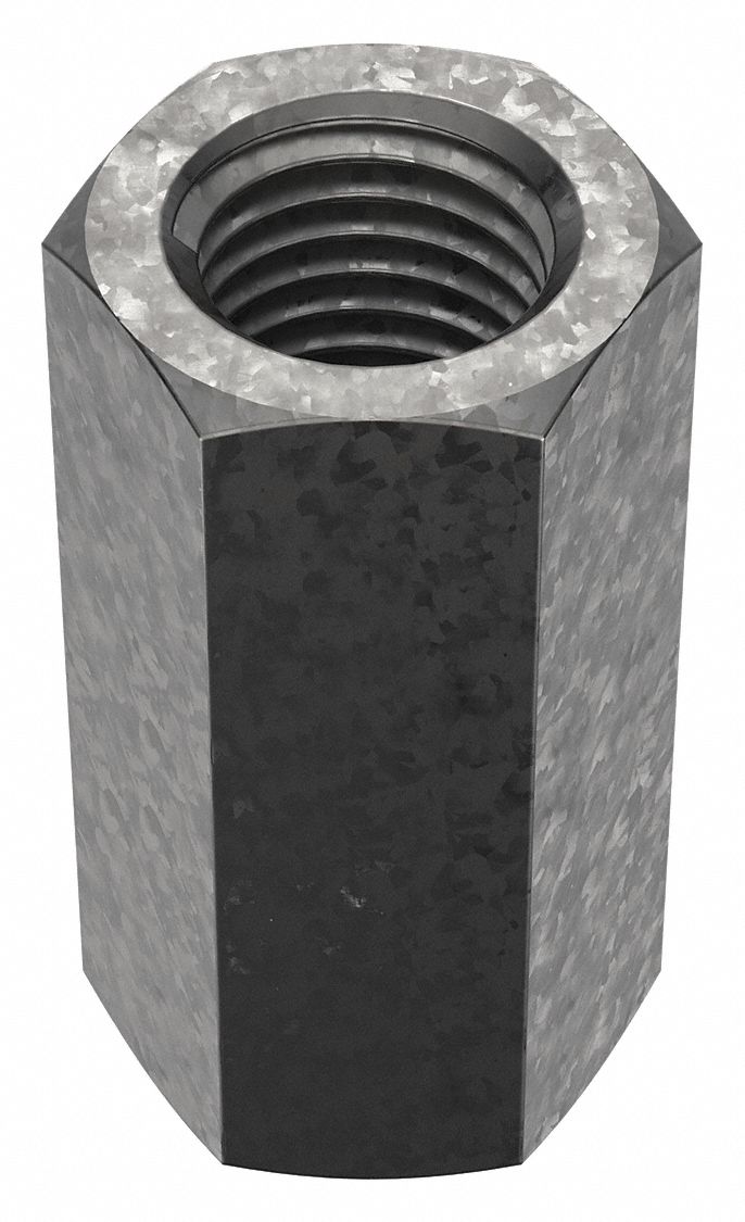 Coupling Nut: Hot-Dipped Galvanized, Grade 2, Steel, 1"-8 Thread, 1 3/8 in Hex Wd, 2 3/4 in Lg, 2 PK
