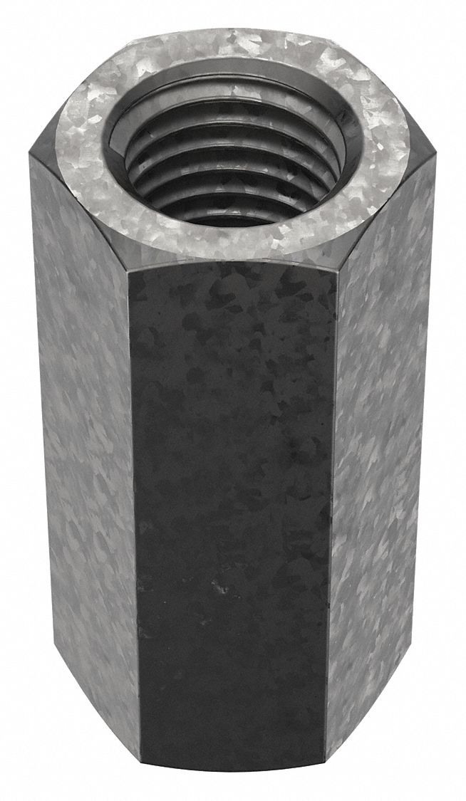 Coupling Nut: Hot-Dipped Galvanized, Grade 2, Steel, 1"-8 Thread, 1 3/8 in Hex Wd, 3 in Lg, 2 PK