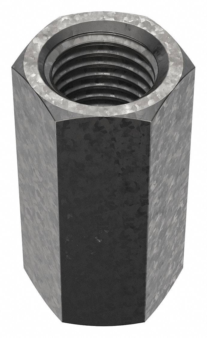 Coupling Nut: Hot-Dipped Galvanized, Grade 2, Steel, 1 1/8"-7 Thread, 1 1/2 in Hex Wd, 3 in Lg, 2 PK