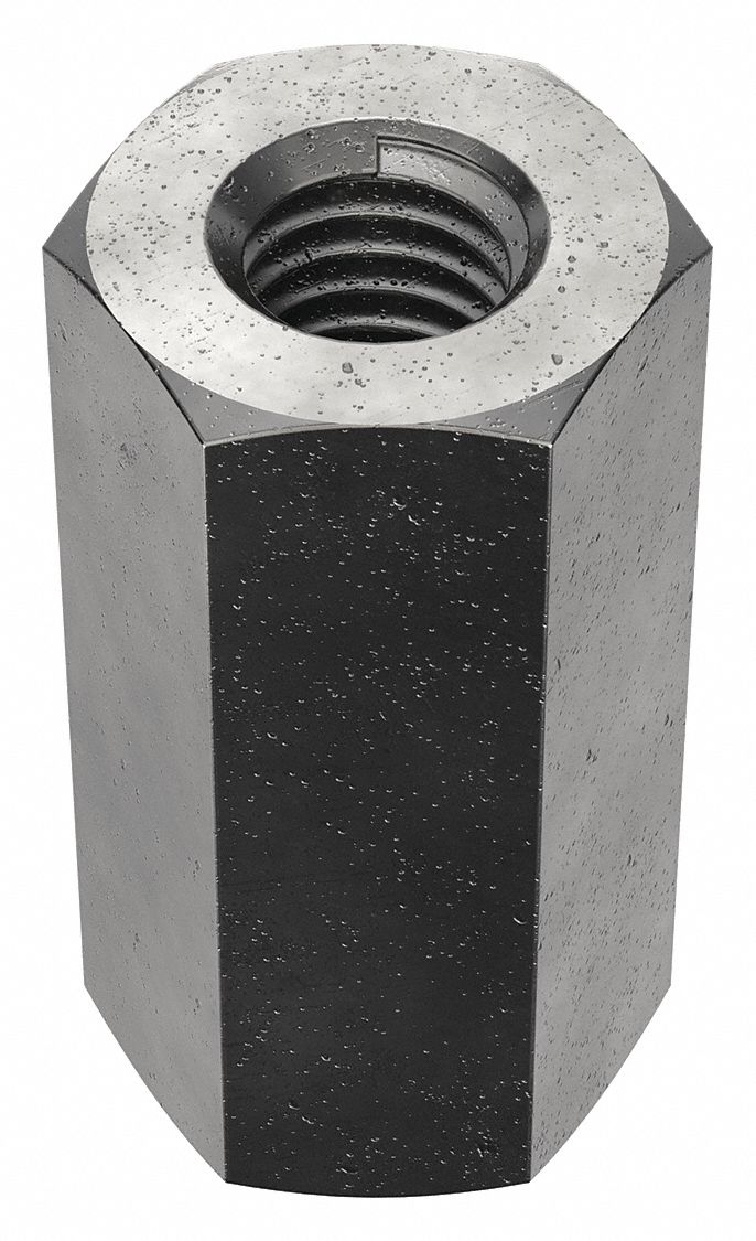 Coupling Nut: Plain, Grade 2H, Steel, 1/2"-13 Thread, 7/8 in Hex Wd, 1 3/4 in Lg