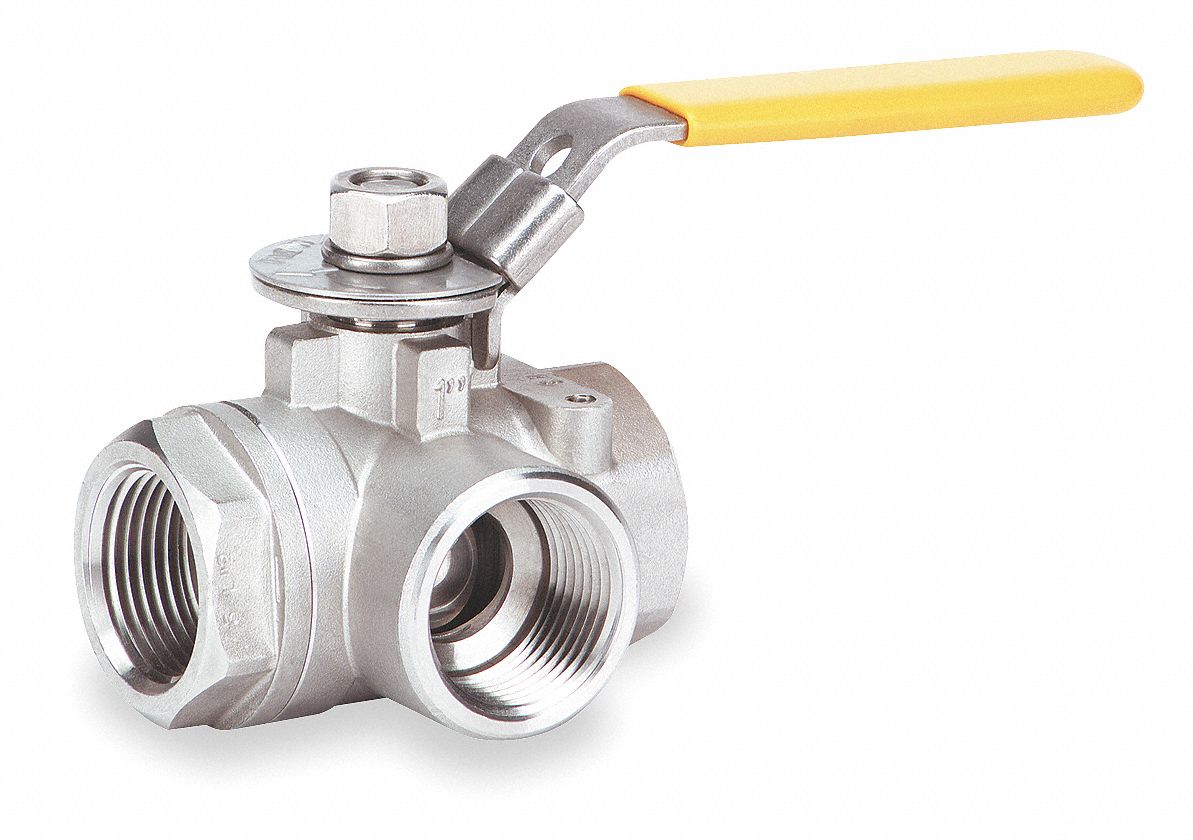 MANUAL THREE-WAY BALL VALVE: 1¼ IN, CF8M STAINLESS STEEL, L FLOW, TWO-PIECE