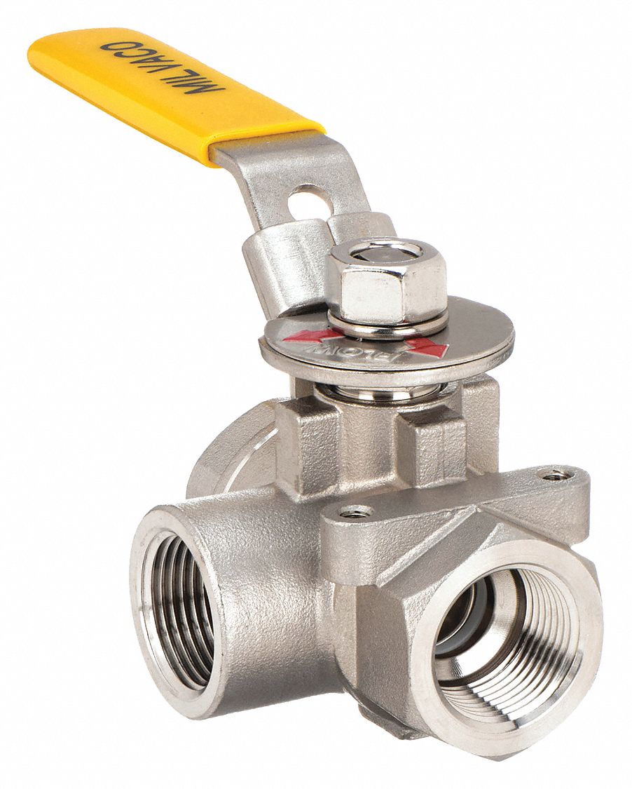 MANUAL THREE-WAY BALL VALVE: ¾ IN, CF8M STAINLESS STEEL, L FLOW, TWO-PIECE