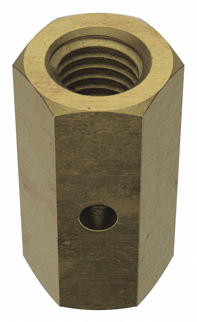 Coupling Nut: With Sight Hole, Steel, Grade 2, Zinc-Plated, 1/4"-28 Thread, 3/8 in Hex Wd, 5 PK