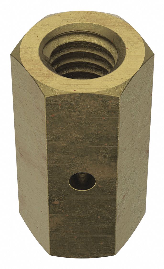 Coupling Nut: With Sight Hole, Steel, Grade 2, Zinc-Plated, 3/8"-16 Thread, 9/16 in Hex Wd, 10 PK