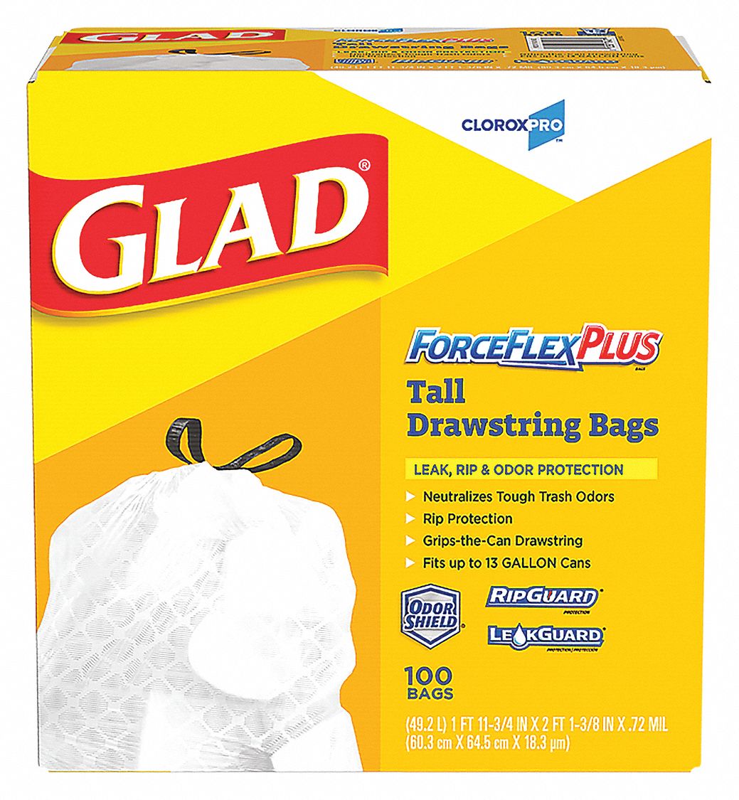 GLAD Trash Bags: 13 gal Capacity, 24 in Wd, 27 1/2 in Ht, 0.78 mil Thick,  White, LLDPE, 100 PK