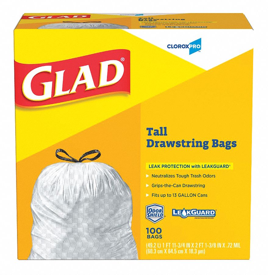 GLAD Trash Bags: 13 gal Capacity, 24 in Wd, 27 1/2 in Ht, 0.78 mil Thick,  White, LLDPE, 100 PK