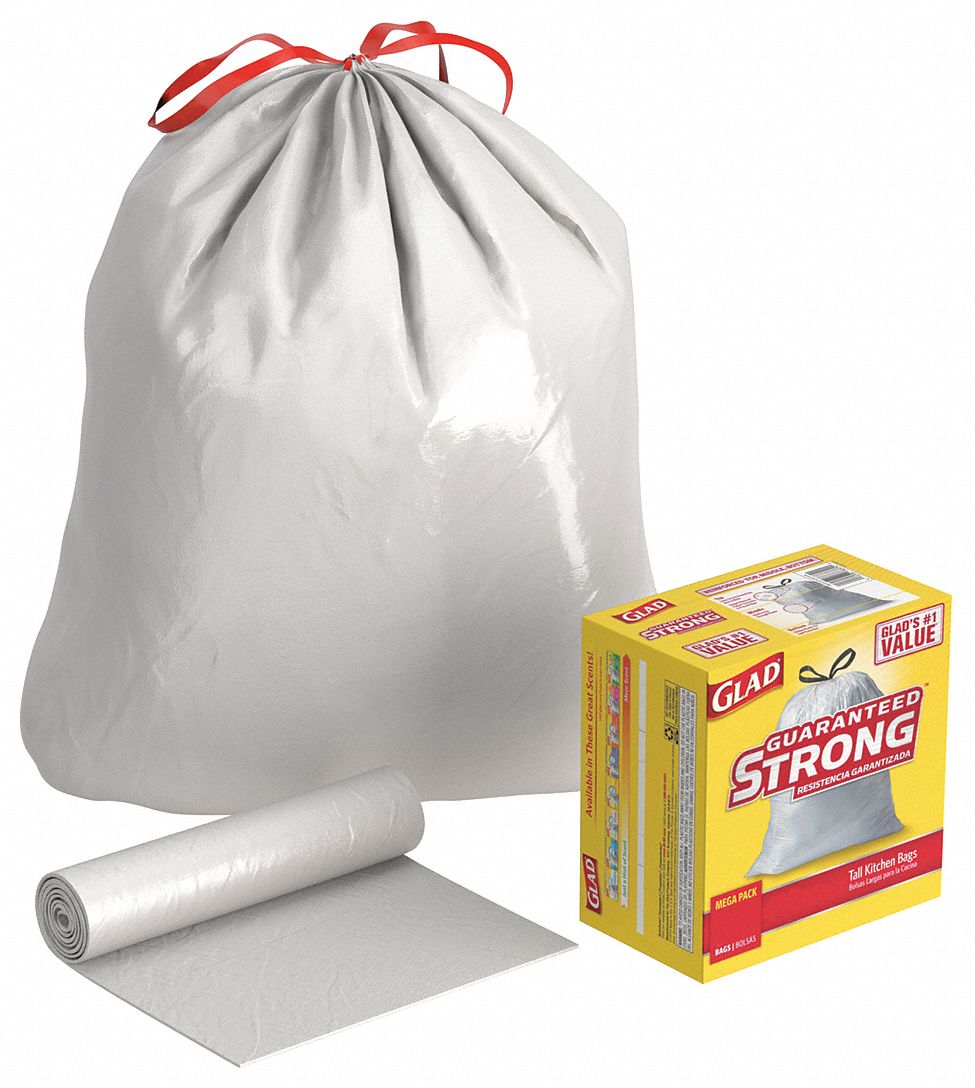 GLAD Trash Bags: 13 gal Capacity, 24 in Wd, 27 1/2 in Ht, 0.78 mil Thick,  White, LLDPE, 100 PK