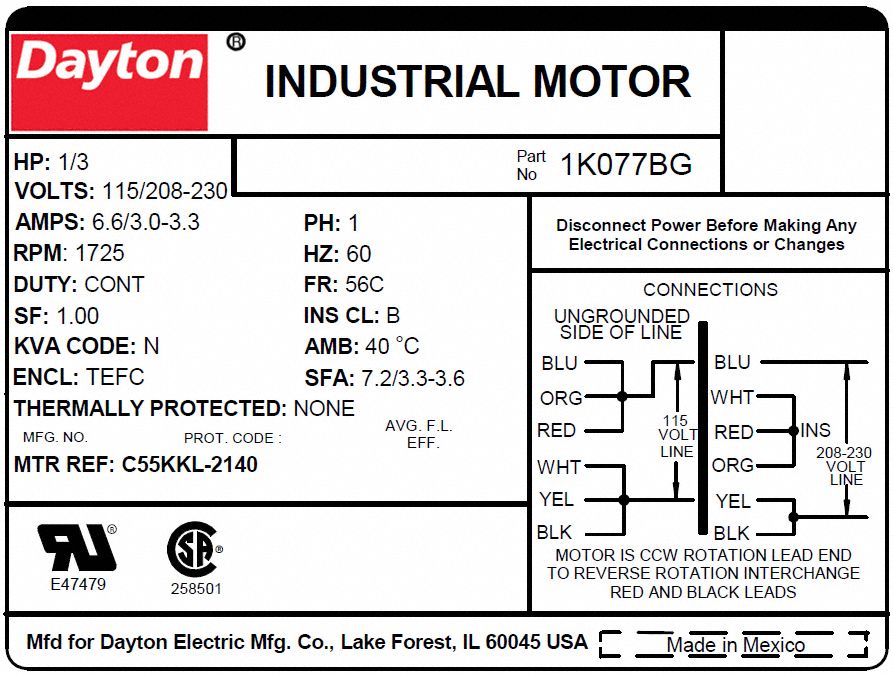 Dayton General Purpose Motor 1 3 Hp Capacitor Start Nameplate Rpm 1 725 Voltage 115 8 230v Ac 1k077 1k077 Grainger