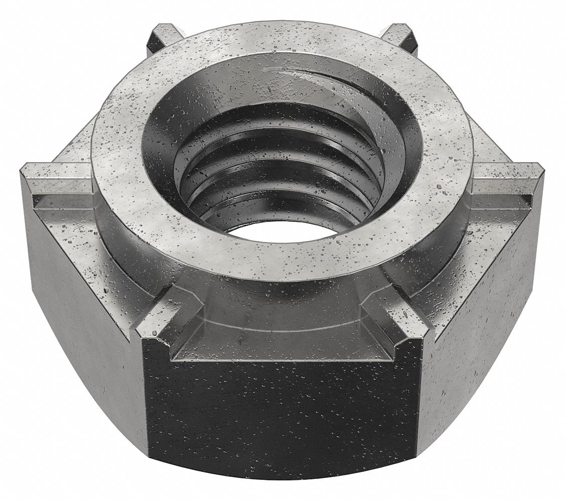 Weld Nut: 5/16"-18 Thread, Black Oxide, Steel, Hex Base, 5/64 in Base Ht, 9/16 in Base Wd, 50 PK