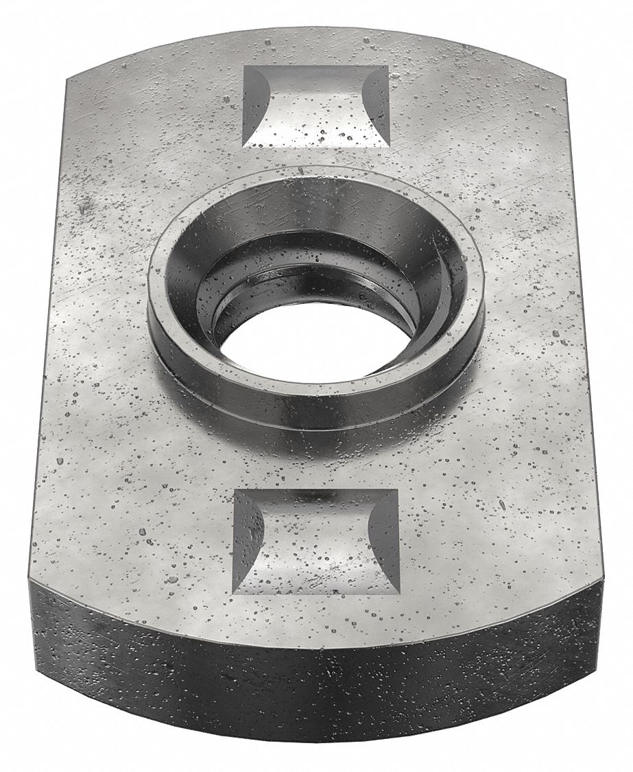 WELD NUT, #10-24 THREAD, TAB, 1/32 IN BASE H, ⅜ IN BASE W, ⅝ IN BASE L, STEEL, 50 PK