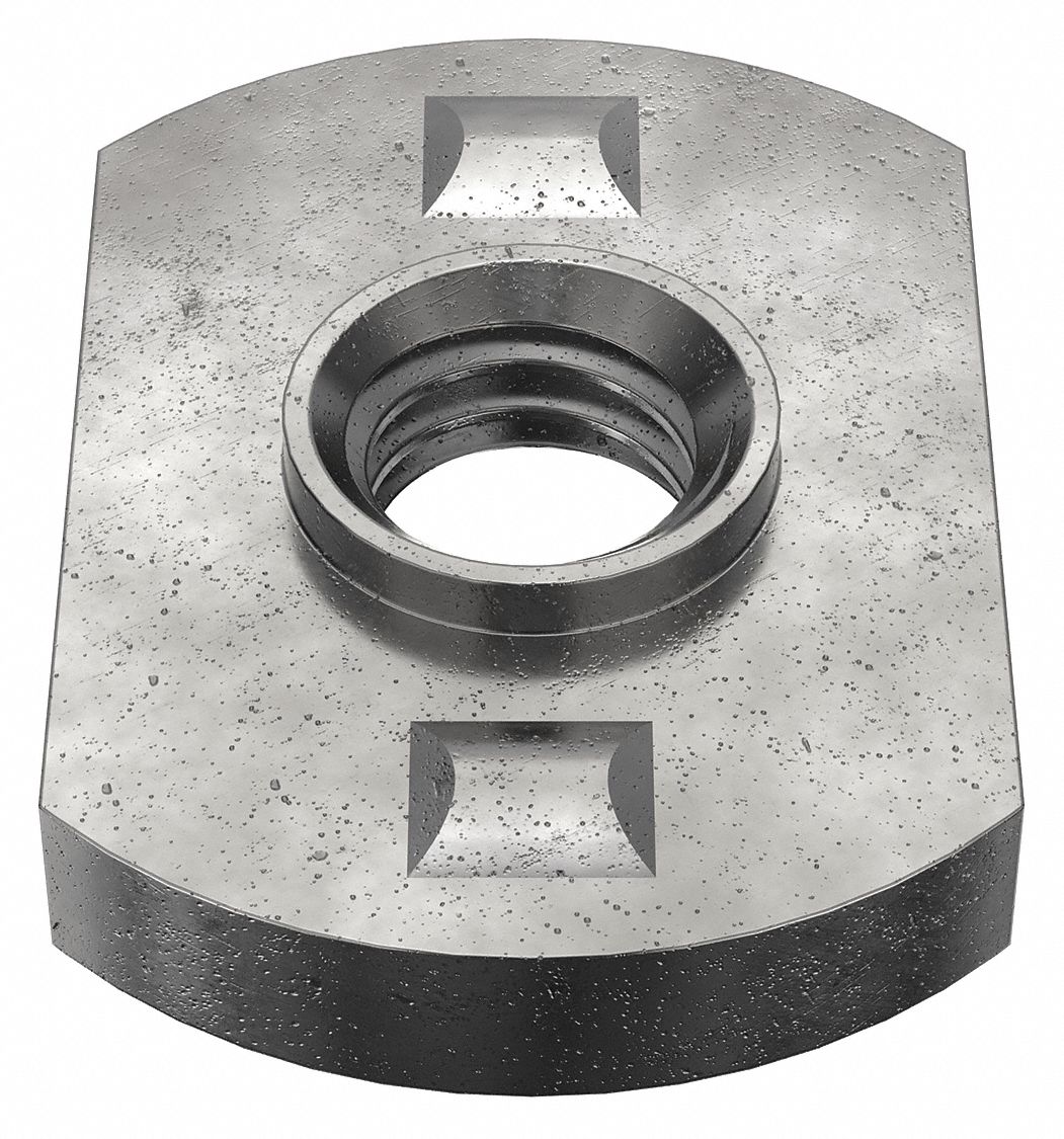 WELD NUT, #10-32 THREAD, TAB, 1/32 IN BASE H, 7/16 IN BASE W, ⅝ IN BASE L, STEEL, 50 PK