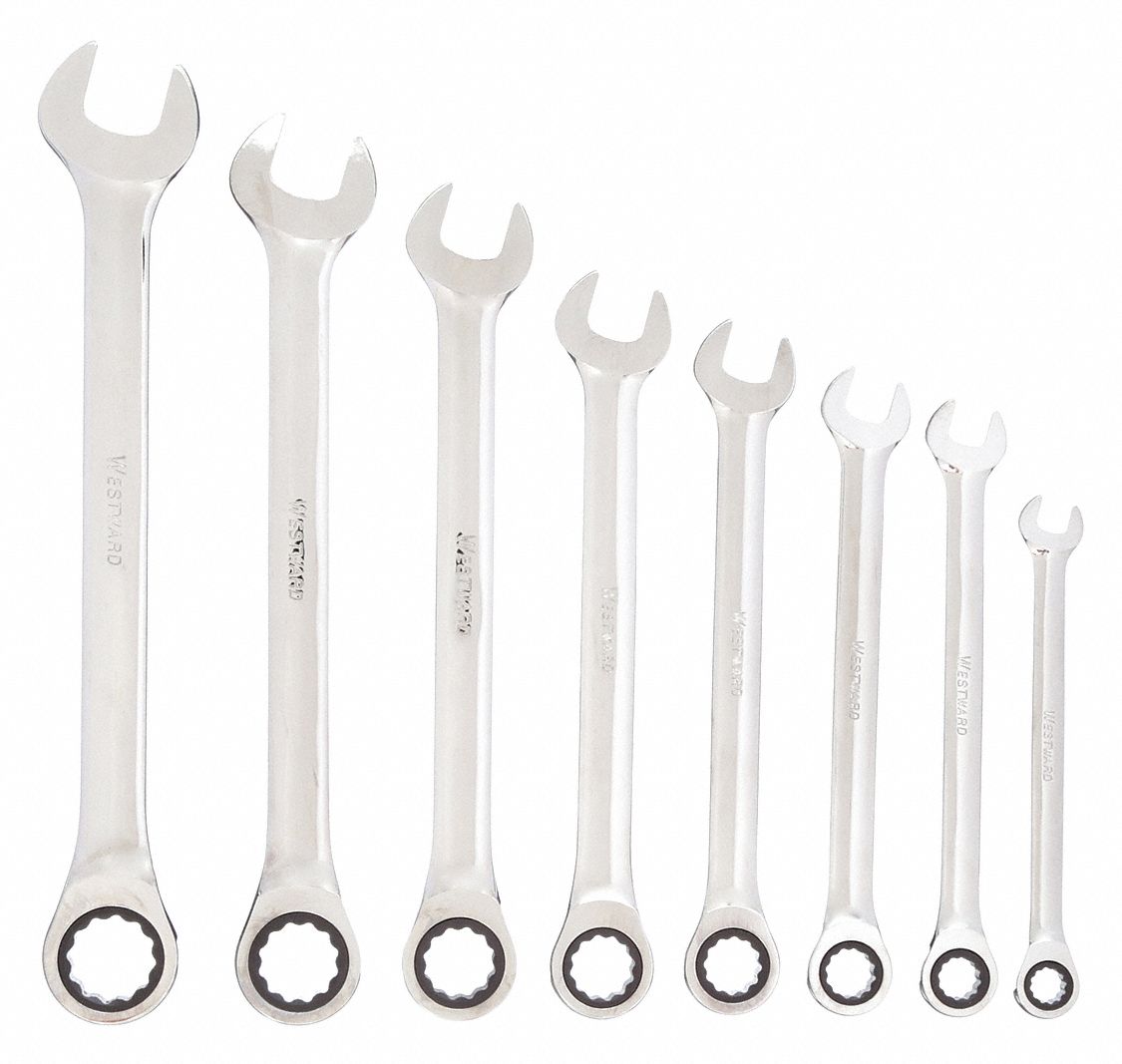 COMBINATION WRENCH SET, ALLOY STEEL, CHROME, 8 TOOLS, 5/16 IN TO¾ IN HEAD SIZES