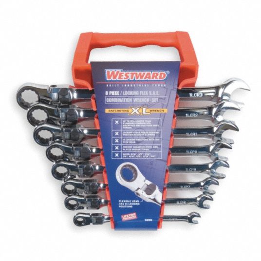 WESTWARD Combination Wrench Set, Alloy Steel, Chrome, 8 Number of Tools