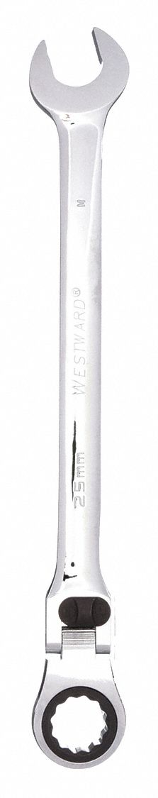 Combination Wrench: Alloy Steel, Chrome, 25 mm Head Size, 15 in Overall Lg, Flex