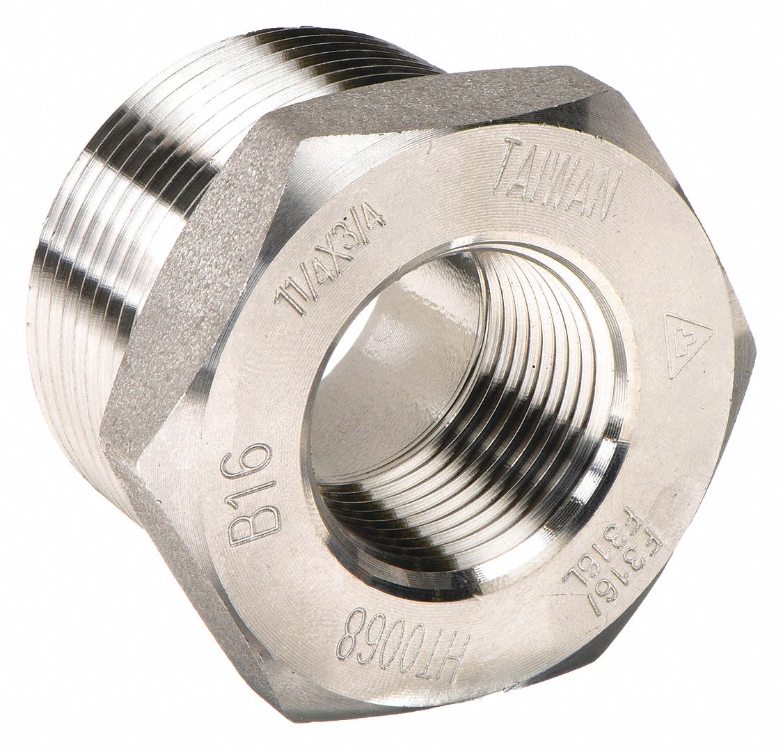 HEX REDUCING BUSHING: 316 STAINLESS STEEL, ¾ IN X ¼ IN FITTING, MALE NPT X FEMALE NPT