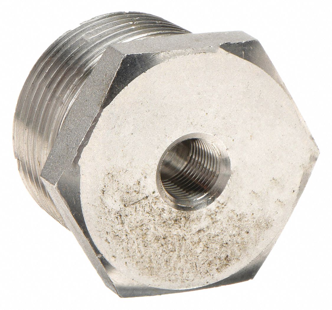 HEX REDUCING BUSHING: 316 STAINLESS STEEL, 4 IN X 3 IN FITTING, MALE NPT X FEMALE NPT