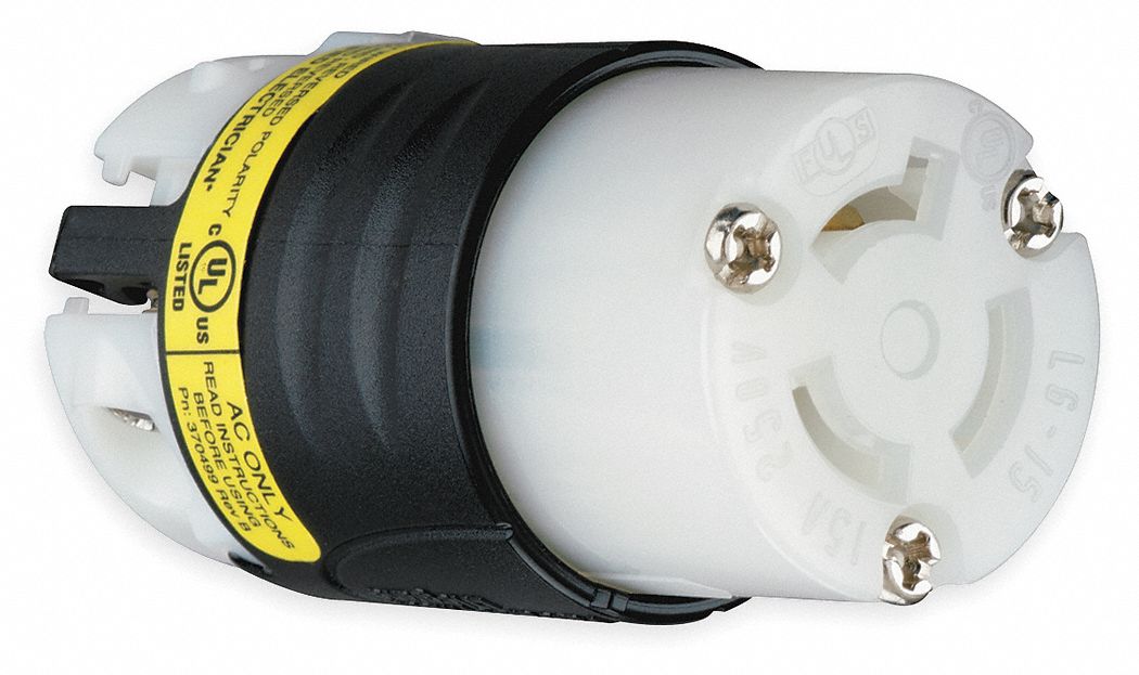Locking Connector: L6-15R, 30 A, 250V AC, 2 Poles, Black/White