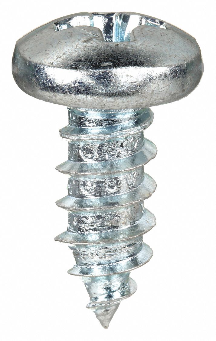 Sheet Metal Screw: #6 Size, 7/8 in Lg, Steel, Zinc-Plated, Phillips, Pan, 100 PK