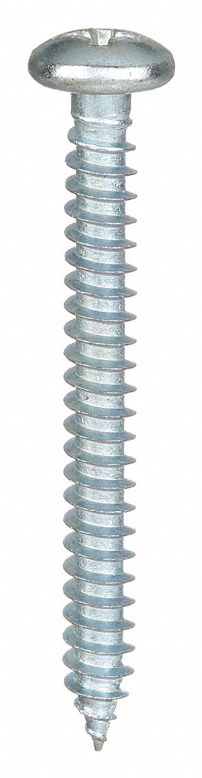 Sheet Metal Screw: #10 Size, 1 3/4 in Lg, Steel, Zinc-Plated, Phillips, Pan, 100 PK