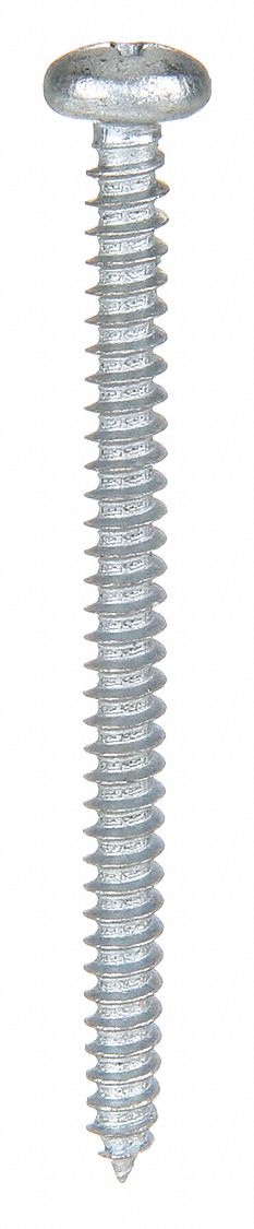 Sheet Metal Screw: #10 Size, 2 1/2 in Lg, Steel, Zinc-Plated, Phillips, Pan, 100 PK