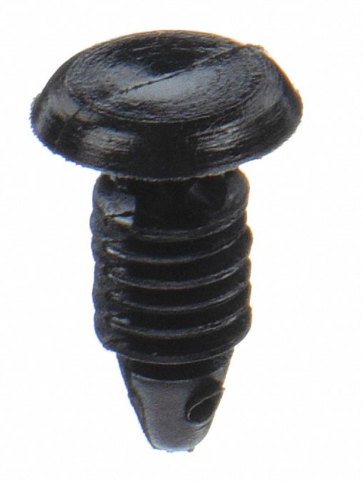 Push-In Rivet, Black, Dome, 1/2" L, PK25: Inch, Ribbed, Dome, 0.188 in Shank Dia, Nylon, Black, 25 PK