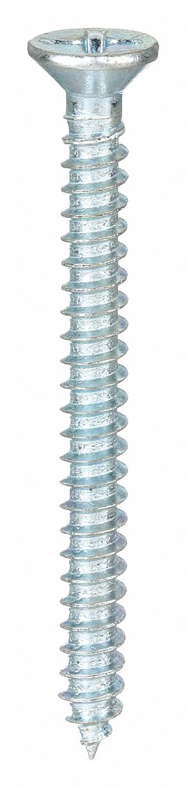Sheet Metal Screw: #6 Size, 1 1/2 in Lg, Steel, Zinc-Plated, Phillips, Flat, 100 PK