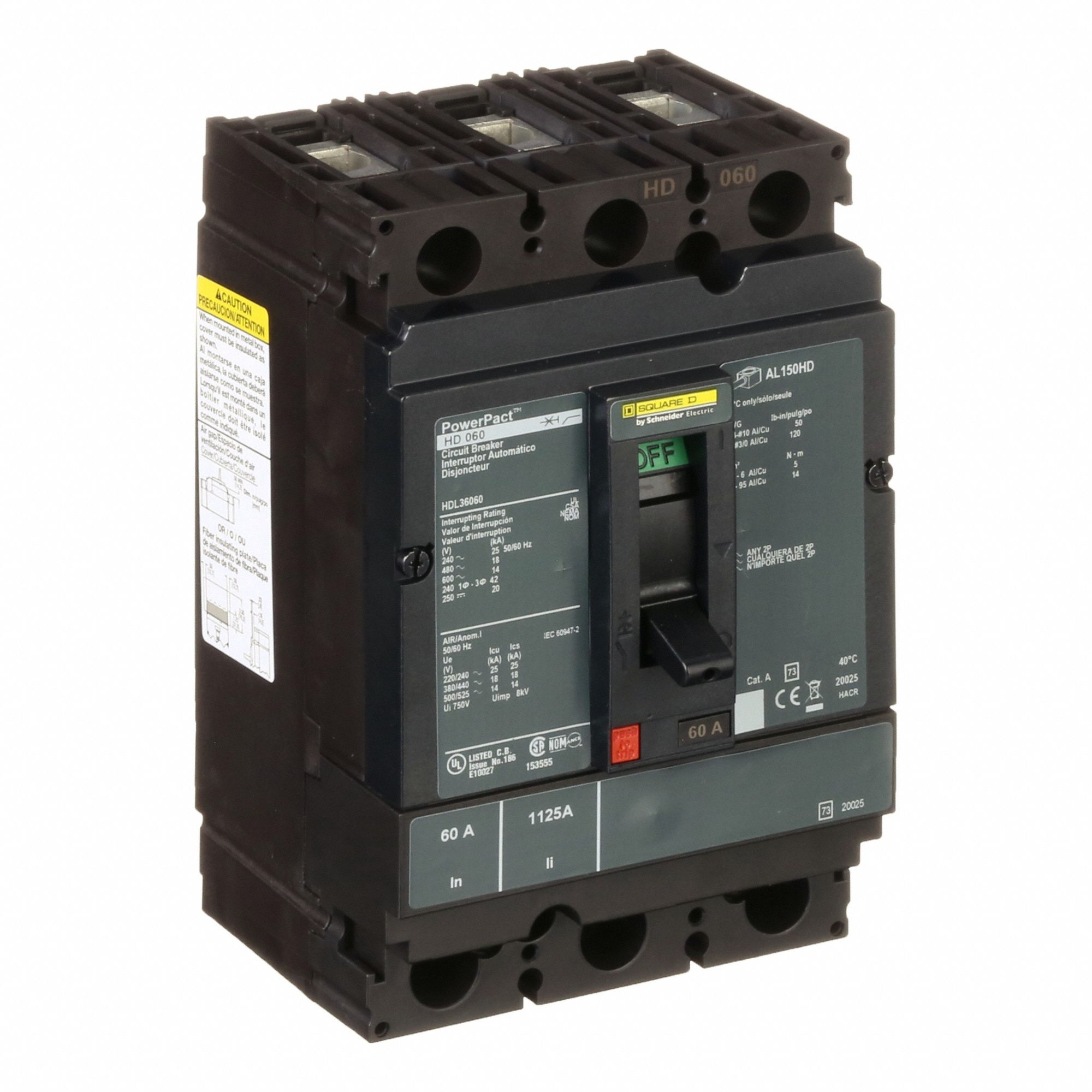 Molded Case Circuit Breaker: 60 A Amps, 25kA at 240V AC, Fixed, Line/Load Lug, ABC, 3 Poles, 600V AC