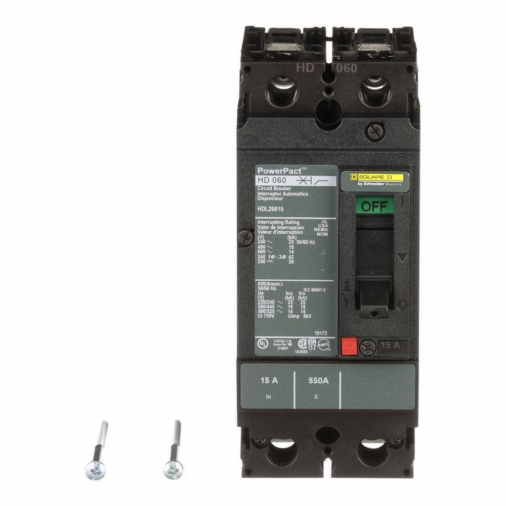 Molded Case Circuit Breaker: 15 A Amps, 25kA at 240V AC, Fixed, Line/Load Lug, 2 Poles, 600V AC, HD