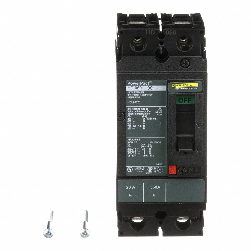 Molded Case Circuit Breaker: 20 A Amps, 25kA at 240V AC, Fixed, Line/Load Lug, 2 Poles, 600V AC, HD