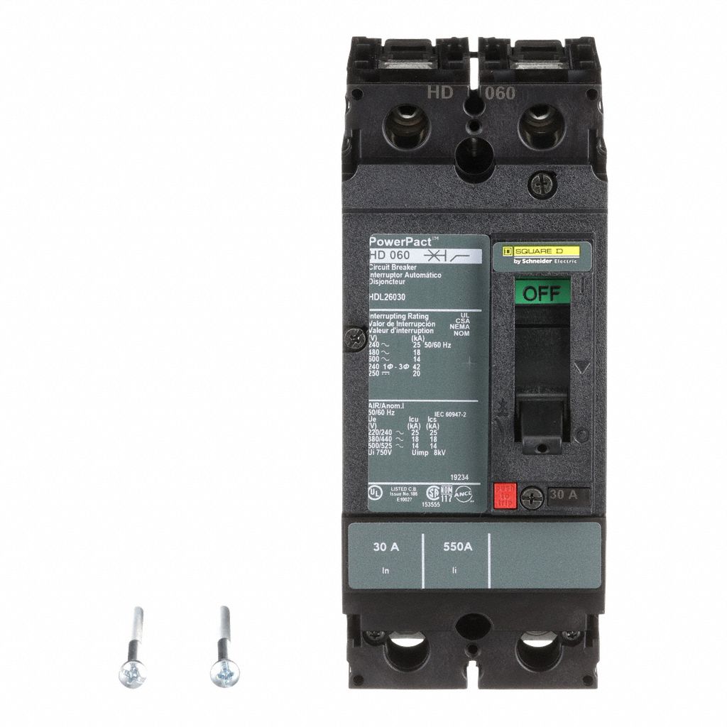 Molded Case Circuit Breaker: 30 A Amps, 25kA at 240V AC, Fixed, Line/Load Lug, 2 Poles, 600V AC, HD