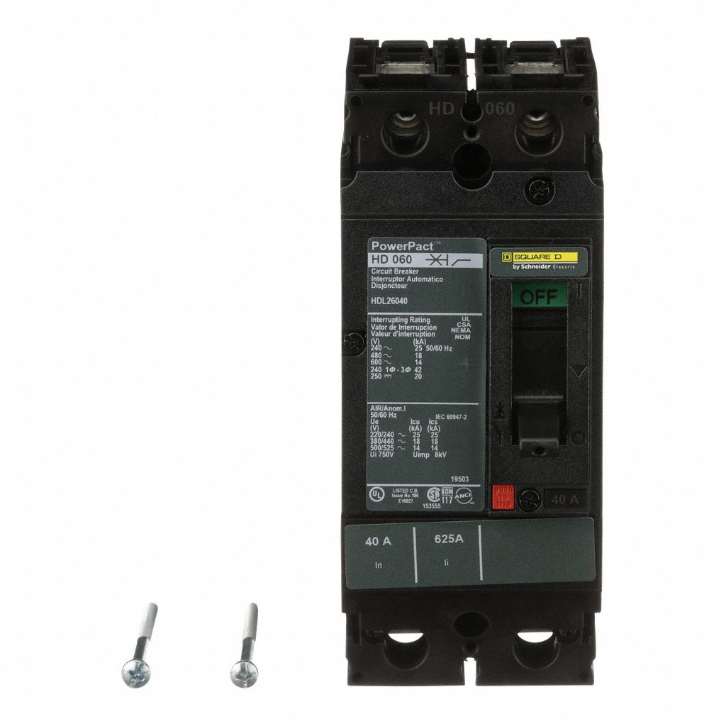 Molded Case Circuit Breaker: 40 A Amps, 25kA at 240V AC, Fixed, Line/Load Lug, 2 Poles, 600V AC, HD
