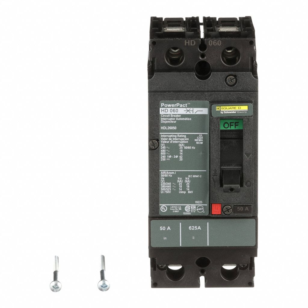 Molded Case Circuit Breaker: 50 A Amps, 25kA at 240V AC, Fixed, Line/Load Lug, 2 Poles, 600V AC, HD