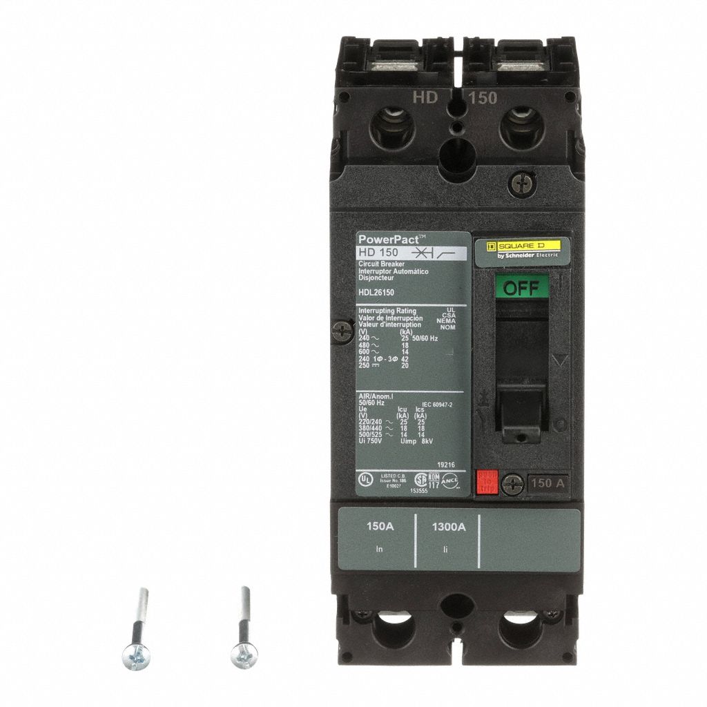 Molded Case Circuit Breaker: 150 A Amps, 25kA at 240V AC, Fixed, Line/Load Lug, 2 Poles, 600V AC, HD