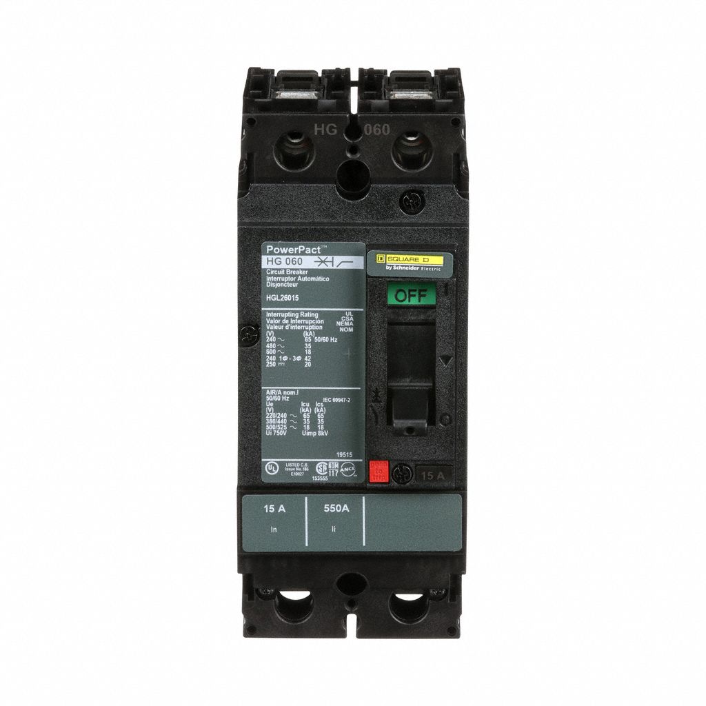 Molded Case Circuit Breaker: 15 A Amps, 65kA at 240V AC, Fixed, Line/Load Lug, 2 Poles, 600V AC, HG