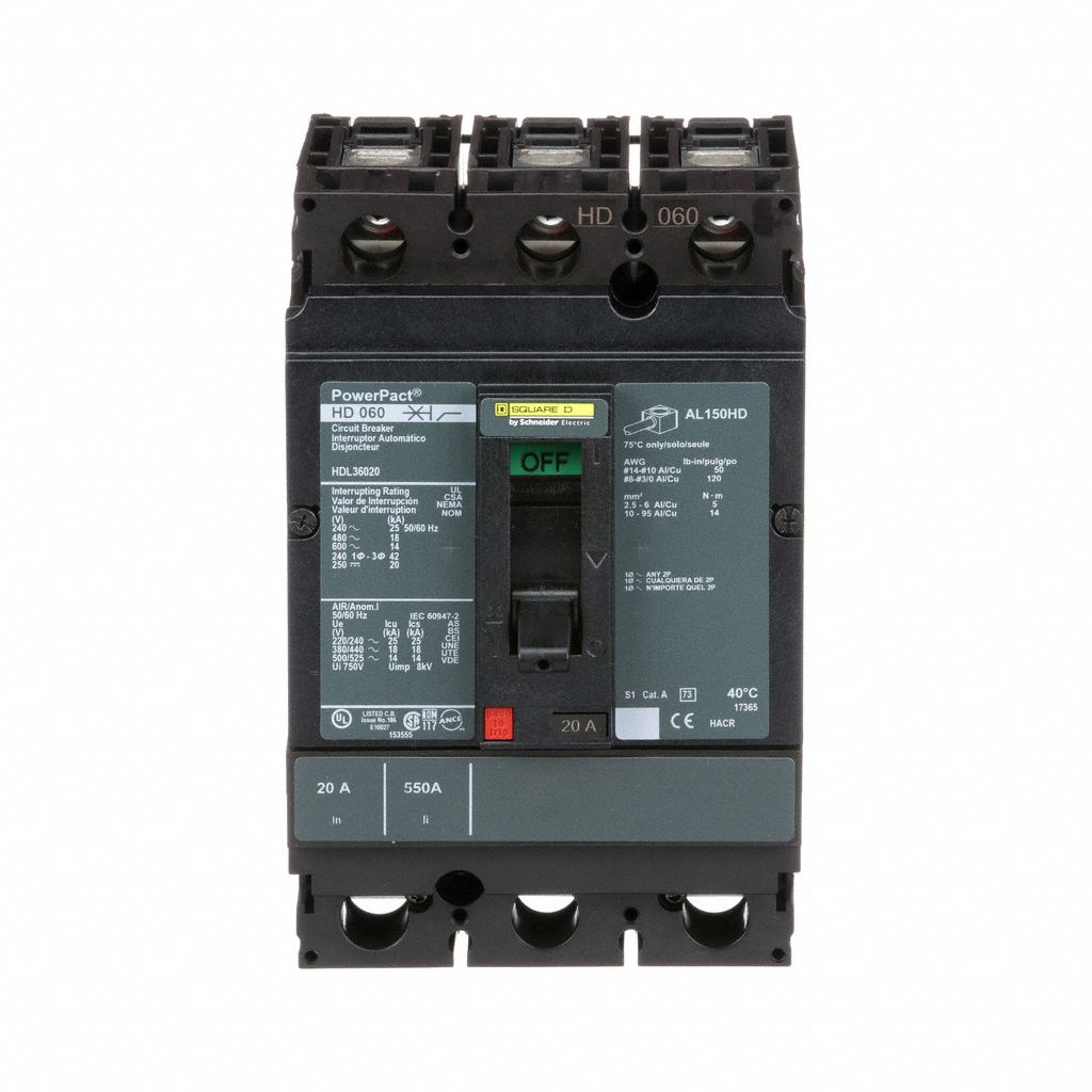 Molded Case Circuit Breaker: 20 A Amps, 25kA at 240V AC, Fixed, Line/Load Lug, ABC, 3 Poles, 600V AC