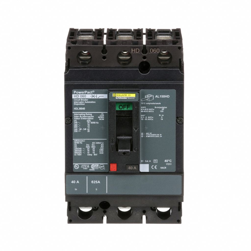 Molded Case Circuit Breaker: 40 A Amps, 25kA at 240V AC, Fixed, Line/Load Lug, ABC, 3 Poles, 600V AC