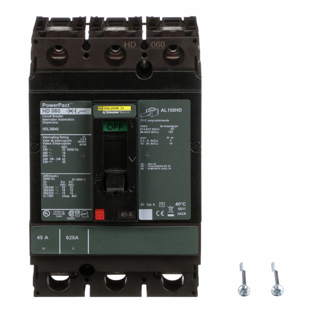 Molded Case Circuit Breaker: 45 A Amps, 25kA at 240V AC, Fixed, Line/Load Lug, ABC, 3 Poles, 600V AC