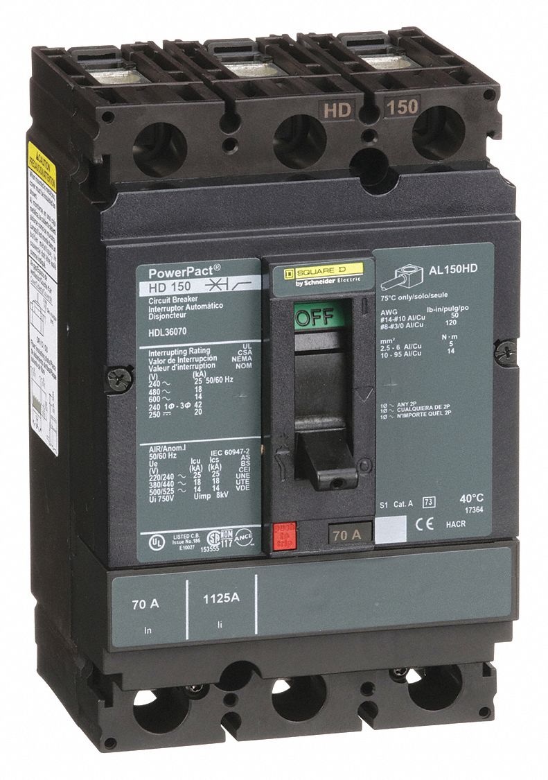 Molded Case Circuit Breaker: 70 A Amps, 25kA at 240V AC, Fixed, Line/Load Lug, ABC, 3 Poles, 600V AC