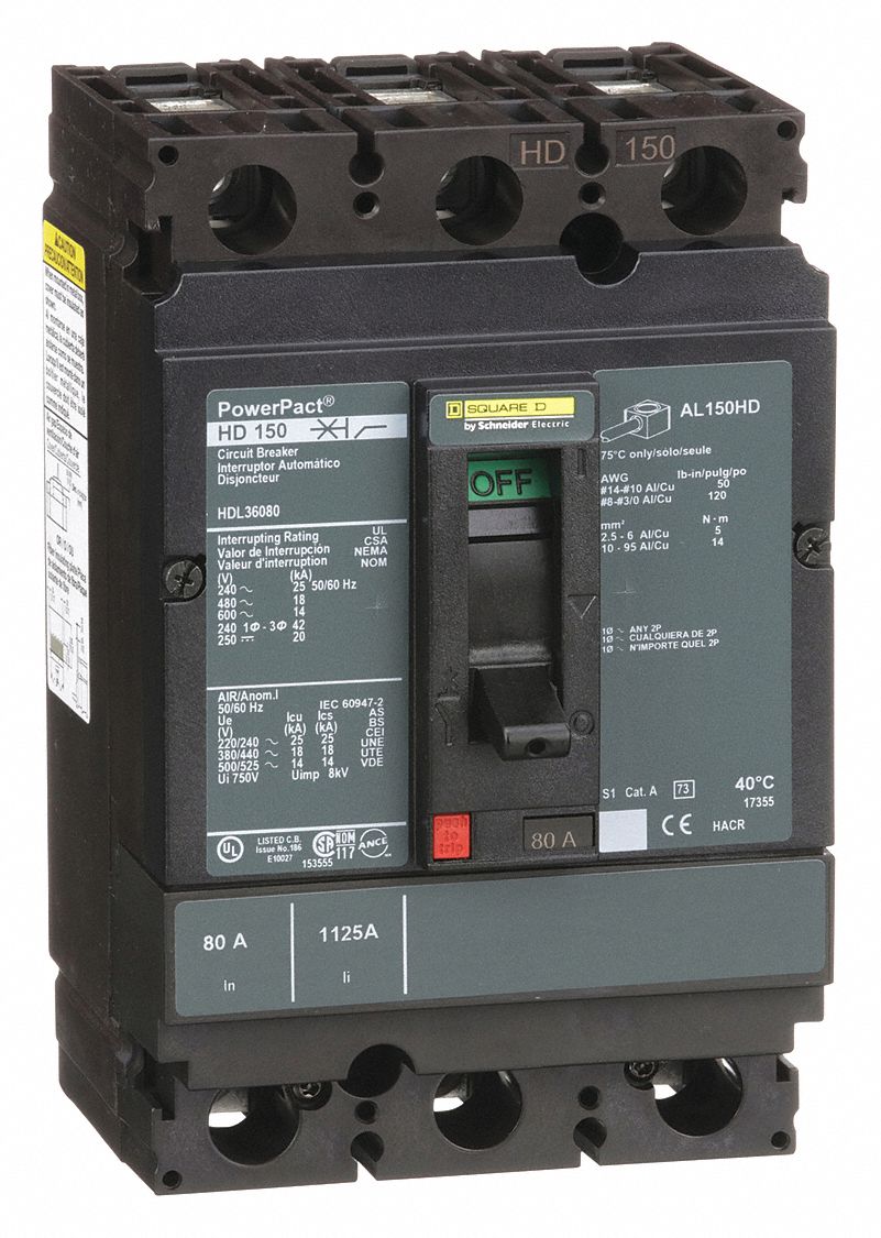 Molded Case Circuit Breaker: 80 A Amps, 25kA at 240V AC, Fixed, Line/Load Lug, ABC, 3 Poles, 600V AC