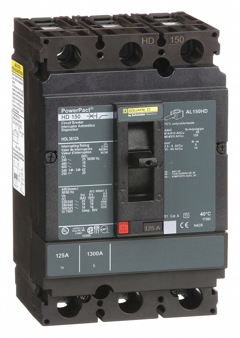 Molded Case Circuit Breaker: 125 A Amps, 25kA at 240V AC, Fixed, Line/Load Lug, ABC, 3 Poles, HD
