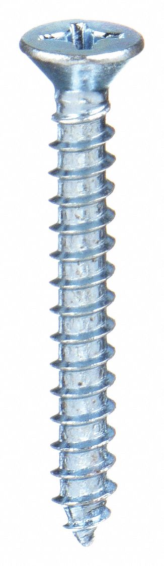 Sheet Metal Screw: #12 Size, 1 3/4 in Lg, Steel, Zinc-Plated, Phillips, Flat, 100 PK