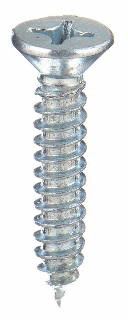 Sheet Metal Screw: #14 Size, 1 1/4 in Lg, Steel, Zinc-Plated, Phillips, Flat, 100 PK